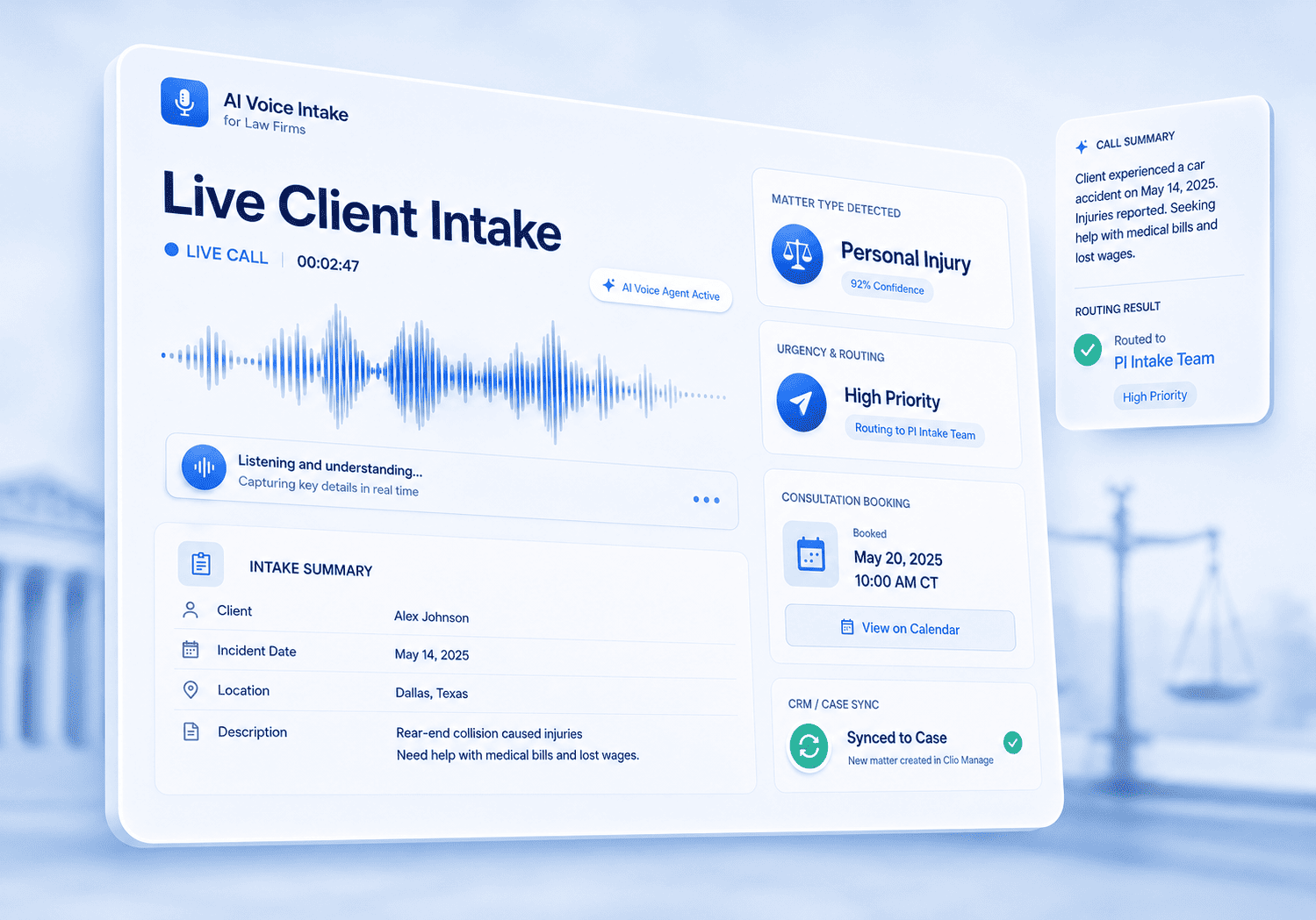 AI Voice Agent for Legal Intake and Client Call Handling in Law Firms